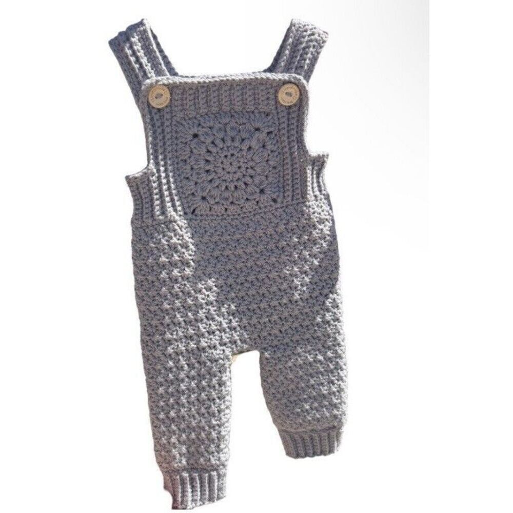Handmade Crocheted Long Grey Baby Overalls Size 0-3 Months